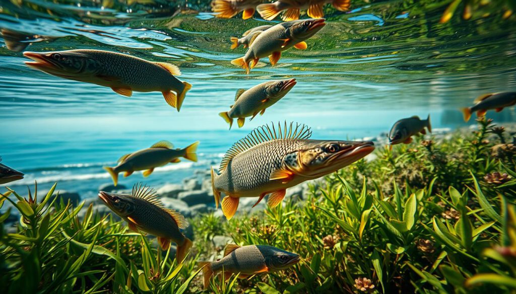 A vivid underwater scene showcasing various fish species found in Swedish waters, including the iconic northern pike, perch, and trout. In the foreground, the fish swim gracefully among lush aquatic plants, offering a close-up view of their vibrant colors and unique textures. In the middle ground, a serene shoreline is depicted with smooth, sunlit rocks and gentle waves, enhancing the natural habitat. The background features a clear blue sky reflected on the tranquil water's surface, creating a peaceful atmosphere. The image is captured using a Sony A7R IV at 70mm, with sharp focus on the fish and surrounding flora, employing a polarized filter to enhance colors and clarity. The overall mood is calm and inviting, ideal for celebrating Sweden's rich aquatic biodiversity.