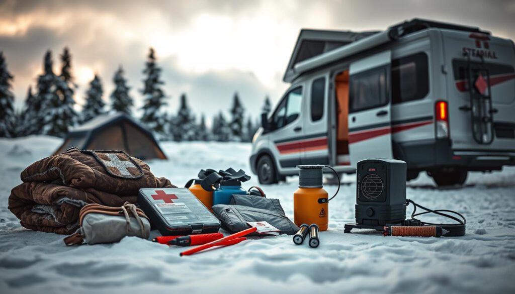 A well-equipped winter camping scene, showcasing essential emergency gear for unexpected situations. In the foreground, a neatly arranged kit with items like a thermal blanket, a first aid kit, flares, and a portable heater, all placed on a snowy surface. In the middle ground, a sturdy tent and a camper van are set against a snowy landscape with pine trees. The background features a cloudy sky hinting at an impending snowstorm, casting diffused, dramatic lighting across the scene. The composition captures a sense of preparedness and tranquility amidst potential chaos. Shot on a Sony A7R IV at 70mm, with sharp focus and defined details, using a polarized filter to enhance the contrast and clarity of the winter setting.