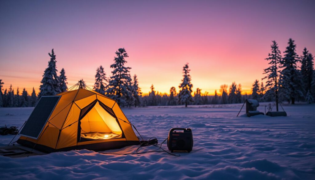 A winter camping scene in Sweden, showcasing a cozy campsite at dusk. In the foreground, a small, illuminated tent with a warm glow emanating from inside, reflecting the essential power supply setup. A solar panel and portable generator are strategically placed nearby, ensuring the campsite is well-equipped for cold weather. The middle ground features a snow-covered landscape with pine trees dusted in white, creating a serene atmosphere. The background showcases a stunning twilight sky, with hues of purple and orange blending together. The scene is captured with a Sony A7R IV at 70mm, utilizing a polarized filter for clarity and sharpness. The overall mood is calm and inviting, emphasizing the importance of reliable power supply during winter camping trips.
