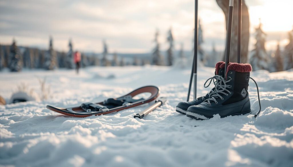 A winter scene showcasing essential snowshoeing equipment in a serene Lapland landscape. In the foreground, feature neatly arranged snowshoes, trekking poles, and waterproof boots, all meticulously detailed. In the middle ground, convey a backdrop of pristine snow-covered hills and tall pine trees dusted with fresh snow. The sky should display soft, diffused light, suggesting a crisp, sunny day, with perhaps a hint of a low sun casting gentle shadows. Use a shallow depth of field to artistically blur the distant scenery while keeping all equipment sharply defined. Capture the chilly, invigorating atmosphere of the great outdoors, evoking a sense of adventure and readiness for exploration. Shot on a Sony A7R IV at 70mm, ensuring clarity and texture in every element. A winter scene showcasing essential snowshoeing equipment in a serene Lapland landscape. In the foreground, feature neatly arranged snowshoes, trekking poles, and waterproof boots, all meticulously detailed. In the middle ground, convey a backdrop of pristine snow-covered hills and tall pine trees dusted with fresh snow. The sky should display soft, diffused light, suggesting a crisp, sunny day, with perhaps a hint of a low sun casting gentle shadows. Use a shallow depth of field to artistically blur the distant scenery while keeping all equipment sharply defined. Capture the chilly, invigorating atmosphere of the great outdoors, evoking a sense of adventure and readiness for exploration. Shot on a Sony A7R IV at 70mm, ensuring clarity and texture in every element.