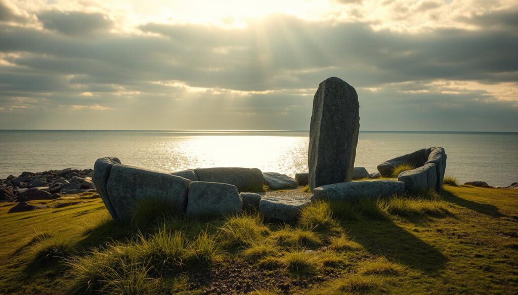 Ales Stenar, the ancient stone ship monument located in Kåseberga, Sweden, is depicted in the foreground with meticulously arranged large stone boulders shaped like a ship, surrounded by lush green grass. In the middle ground, the rocky coastline transitions into the shimmering blue waters of the Baltic Sea, capturing the ethereal beauty of Österlen. The background showcases a dramatic sky, slightly cloudy with soft sunlight breaking through, creating a golden hue that bathes the landscape in warmth. The scene is shot with a Sony A7R IV at 70mm, ensuring sharp focus and definition. A polarized filter enhances the colors, bringing out the vibrancy of the stones and the serene sea. The overall mood conveys a mystical aura, evoking ancient wisdom and serenity, reminiscent of Sweden’s enchanting past.