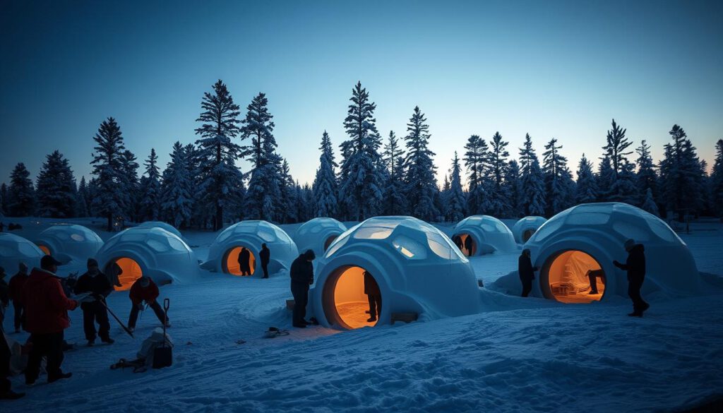 An enchanting scene of Iglu Workshops in Kiruna, Sweden, showcasing multiple intricately built igloos nestled in a serene snowy landscape. In the foreground, a group of people dressed in warm professional winter attire engages in igloo construction, with snow shovels and building tools scattered around. In the middle, the igloos are partially completed, reflecting soft natural light, glistening against the backdrop of tall, frosted pine trees. The sky above is a deep blue, hinting at the twilight hour with a warm golden glow from low-hanging sun rays. The atmosphere is cozy and inviting, suggesting a friendly community workshop vibe. This image is captured with a Sony A7R IV at 70mm, providing sharp detail with a polarized filter, ensuring vibrant colors and clarity.