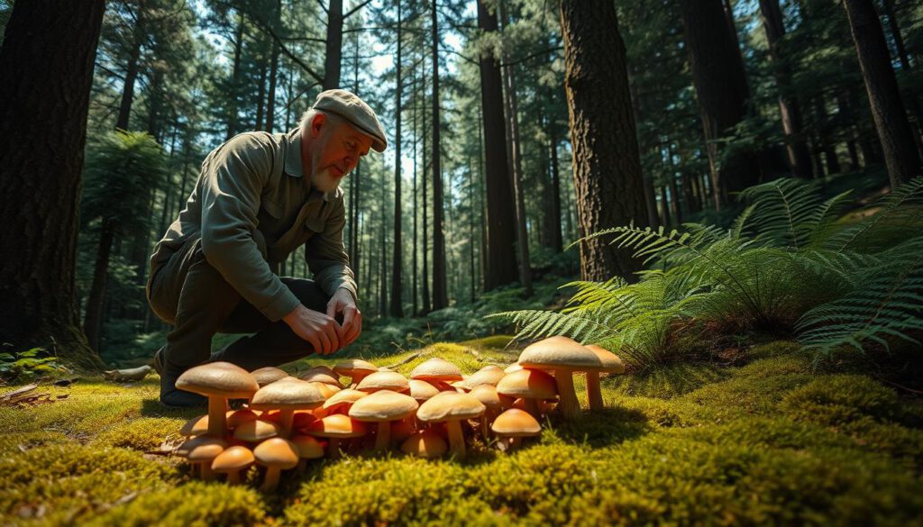 In a lush Swedish forest, a seasoned mushroom forager kneels on a bed of rich green moss, carefully inspecting a cluster of diverse mushrooms, showcasing colors from deep browns to vibrant reds. Sunlight filters through the dense canopy, casting dappled shadows and creating a serene atmosphere. In the background, tall trees with textured bark reach skyward, while patches of wild ferns frame the scene. The forager, dressed in modest outdoor clothing, reflects concentration and appreciation for nature. Capture this moment with a Sony A7R IV at 70mm, ensuring sharp focus and clarity, using a polarized filter to enhance colors and reduce glare, emphasizing the warmth and tranquility of the experience.