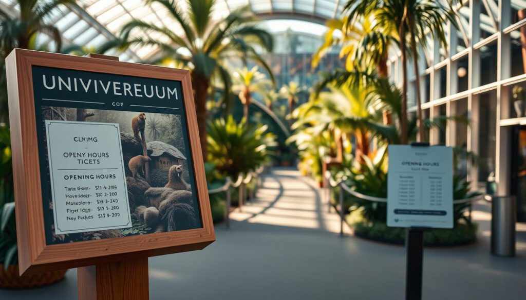A beautifully arranged display of "Opening Hours and Ticket Prices" for Universeum in Gothenburg. The foreground features a sleek, wooden information stand showcasing elegant placards with the precise opening hours and ticket prices, designed with an eco-friendly aesthetic. In the middle ground, a vibrant depiction of the Universeum's rainforest section, with tropical plants and a clear pathway. The background includes a glimpse of the building's modern architecture, bathed in warm, inviting sunlight, enhanced by a polarized filter for clarity. The mood is informative yet inviting, encouraging visitors to explore the wonders of science and nature. Shot on a Sony A7R IV at 70mm, capturing sharp details and rich colors. A beautifully arranged display of "Opening Hours and Ticket Prices" for Universeum in Gothenburg. The foreground features a sleek, wooden information stand showcasing elegant placards with the precise opening hours and ticket prices, designed with an eco-friendly aesthetic. In the middle ground, a vibrant depiction of the Universeum's rainforest section, with tropical plants and a clear pathway. The background includes a glimpse of the building's modern architecture, bathed in warm, inviting sunlight, enhanced by a polarized filter for clarity. The mood is informative yet inviting, encouraging visitors to explore the wonders of science and nature. Shot on a Sony A7R IV at 70mm, capturing sharp details and rich colors.
