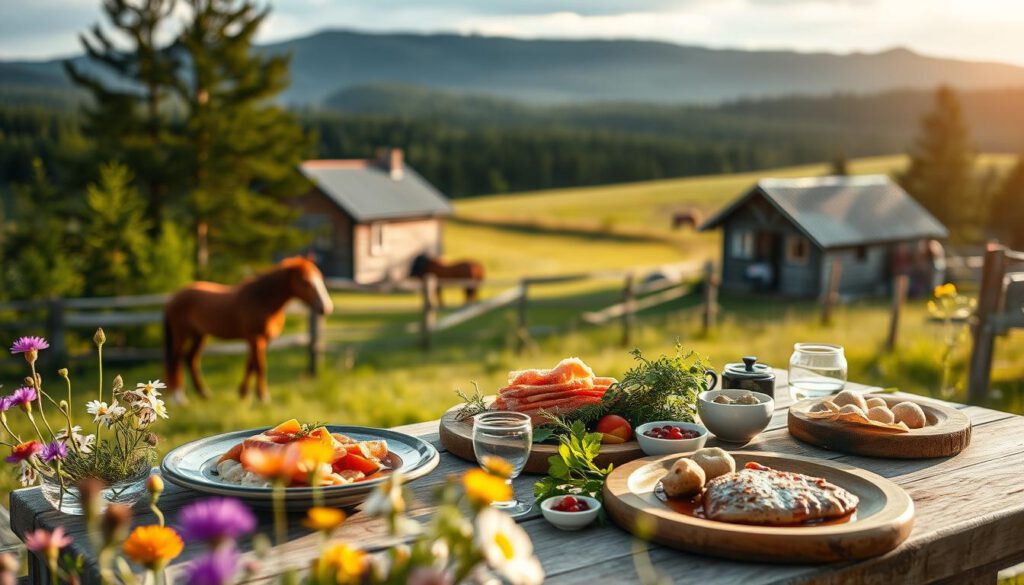 A beautifully arranged table outdoors in Sweden, featuring traditional Swedish culinary delights like gravlax, meatballs, and lingonberry sauce, all elegantly plated on rustic wooden dishes. In the foreground, vibrant wildflowers add a touch of color to the scene. The middle ground showcases a charming equestrian setting with a cozy cabin and grazing Icelandic horses, hinting at the riding activities nearby. In the background, lush green forests and rolling hills create a serene atmosphere. The scene is softly illuminated by warm, golden sunlight, enhancing the inviting mood. Captured with a Sony A7R IV at 70mm, ensuring clear focus and sharp details, complemented by a polarized filter for rich colors and contrast.