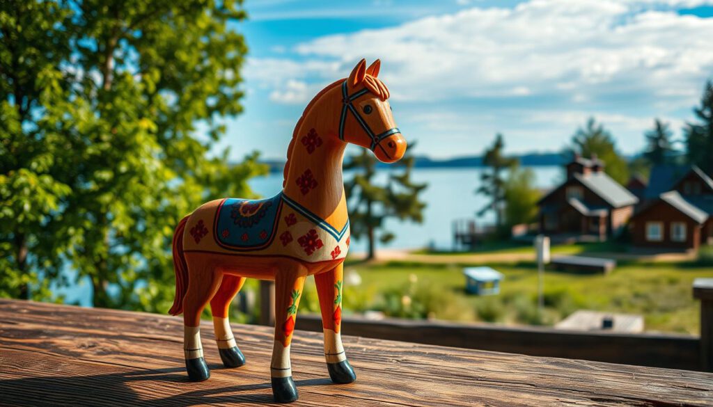 A beautifully crafted Dala horse, known as Dalapferd, adorned with traditional red and blue patterns, stands prominently in the foreground. The horse is placed on a rustic wooden table, showcasing its fine craftsmanship and intricate details. In the middle ground, a serene lakeside view of Tällberg can be seen, with lush green trees and charming wooden houses reflecting the rich cultural heritage of the Dalarna region. The background features the tranquil waters of Lake Siljan, under a clear blue sky with gentle clouds, creating a peaceful atmosphere. The scene is captured with a Sony A7R IV at 70mm, ensuring a sharply focused image with vibrant colors, enhanced by a polarized filter that accentuates the natural beauty. The overall mood is warm and inviting, celebrating the artistry and craftsmanship of Dalarna. A beautifully crafted Dala horse, known as Dalapferd, adorned with traditional red and blue patterns, stands prominently in the foreground. The horse is placed on a rustic wooden table, showcasing its fine craftsmanship and intricate details. In the middle ground, a serene lakeside view of Tällberg can be seen, with lush green trees and charming wooden houses reflecting the rich cultural heritage of the Dalarna region. The background features the tranquil waters of Lake Siljan, under a clear blue sky with gentle clouds, creating a peaceful atmosphere. The scene is captured with a Sony A7R IV at 70mm, ensuring a sharply focused image with vibrant colors, enhanced by a polarized filter that accentuates the natural beauty. The overall mood is warm and inviting, celebrating the artistry and craftsmanship of Dalarna.