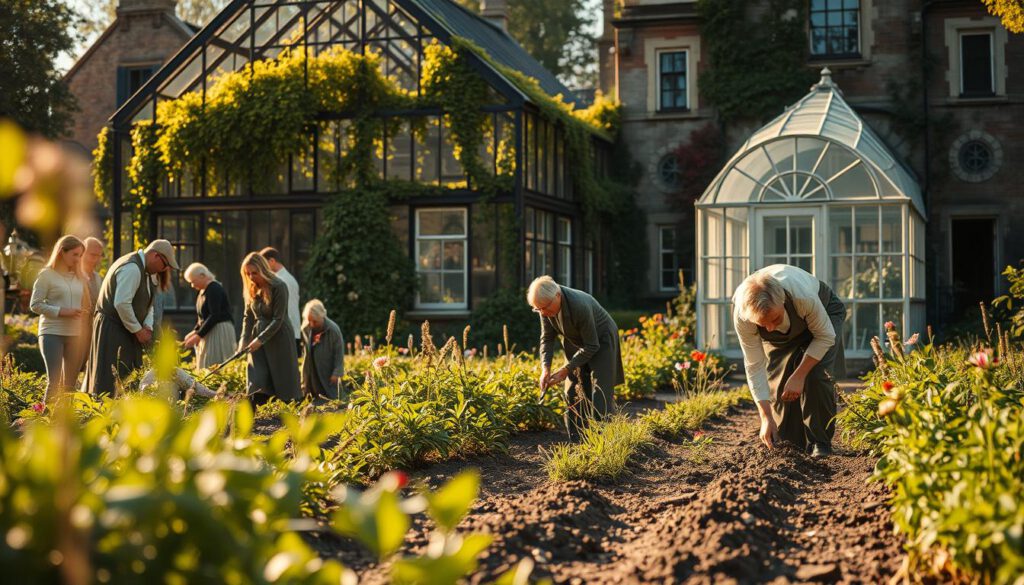 A beautifully detailed restoration scene of the Botanical Garden in Uppsala, set after the devastating fire disaster. In the foreground, a diverse group of dedicated botanists and gardeners, dressed in modest, professional attire, meticulously planting new flora, showing their commitment to restoring the garden's beauty. In the middle ground, a partially reconstructed greenhouse with lush plants and flowers peeking out, showcasing the resilience of nature. The background features the remnants of the historic architecture, lovingly restored with vibrant greenery climbing the walls. The scene is bathed in warm, golden sunlight, casting soft shadows that enhance the mood of hope and renewal. Captured with a Sony A7R IV at 70mm, the image is sharply defined, clearly focused with a polarized filter, emphasizing the vibrant colors of the plants and the serene environment.
