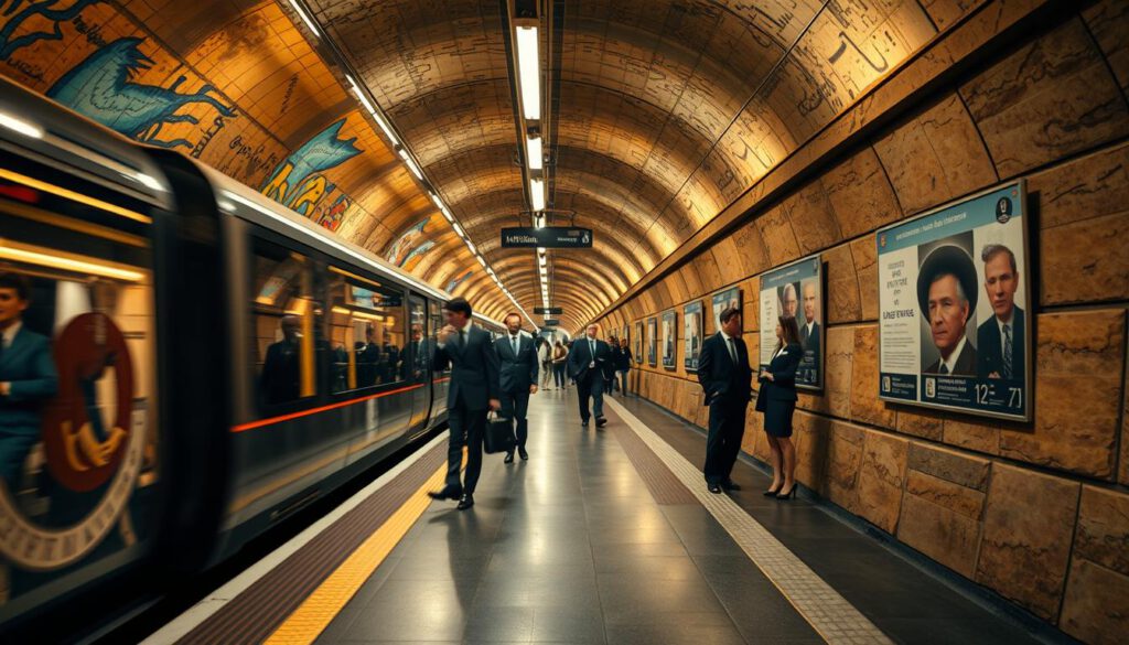 A beautifully detailed underground scene featuring the historic Tunnelbana of Stockholm. In the foreground, a sleek, modern train glides gracefully along the vibrant, artistic platform, where intricate murals and colorful mosaics reflect the unique character of each station. The middle ground showcases passengers in professional business attire, engaged in quiet conversation, while the warm ambient lighting illuminates the rich textures of the tunnel walls, emphasizing their natural stone and art elements. The background reveals the expansive tunnels that intersect in a network, with historical posters of Stockholm's subway development subtly displayed. Captured with a Sony A7R IV at 70mm, the focus is sharp, utilizing a polarized filter to enhance colors and clarity, creating a lively yet serene atmosphere that celebrates the rich history of the city's transit system.