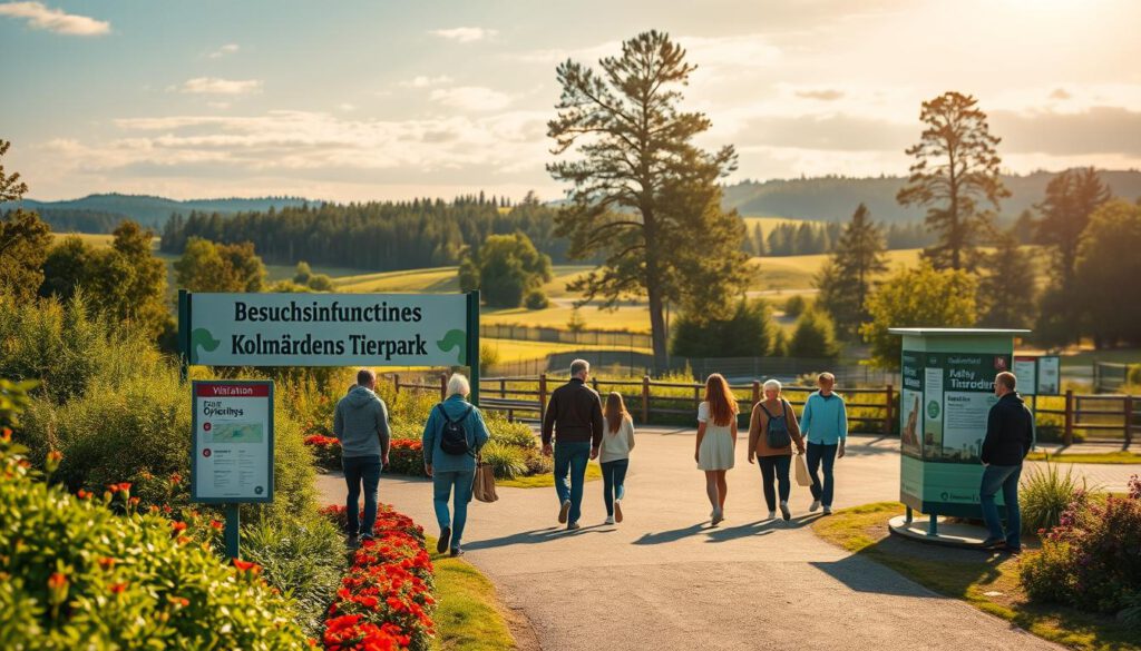 A beautifully landscaped scene capturing "Besuchsinformationen Kolmårdens Tierpark," showcasing a vibrant entrance sign of Kolmården Zoo amidst lush greenery. In the foreground, a well-maintained path leads visitors, flanked by vibrant flower beds and small information kiosks highlighting visitor details like opening hours and map directions. In the middle ground, families of diverse backgrounds in casual, modest attire gaze at animal enclosures, showcasing a sense of excitement and curiosity. The background features rolling hills and trees typical of Swedish countryside, under a clear blue sky with soft, warm sunlight filtering through, creating an inviting atmosphere. Shot on a Sony A7R IV at 70mm, ensuring sharp focus and clarity, with a polarized filter enhancing colors and contrast. A beautifully landscaped scene capturing "Besuchsinformationen Kolmårdens Tierpark," showcasing a vibrant entrance sign of Kolmården Zoo amidst lush greenery. In the foreground, a well-maintained path leads visitors, flanked by vibrant flower beds and small information kiosks highlighting visitor details like opening hours and map directions. In the middle ground, families of diverse backgrounds in casual, modest attire gaze at animal enclosures, showcasing a sense of excitement and curiosity. The background features rolling hills and trees typical of Swedish countryside, under a clear blue sky with soft, warm sunlight filtering through, creating an inviting atmosphere. Shot on a Sony A7R IV at 70mm, ensuring sharp focus and clarity, with a polarized filter enhancing colors and contrast.