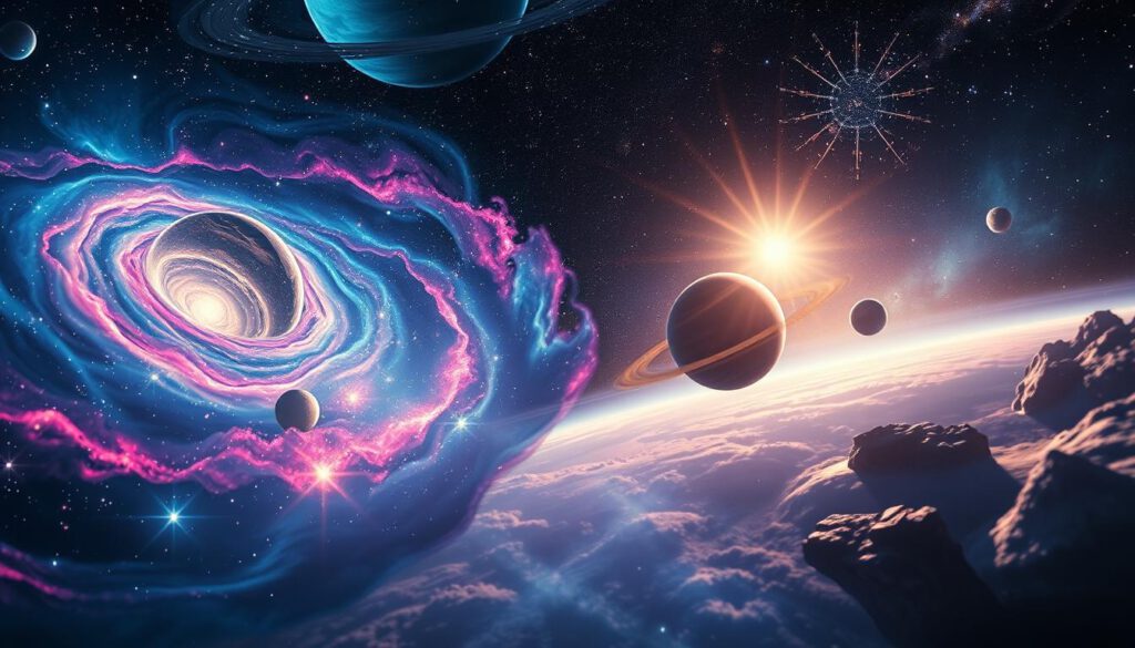 A breathtaking portrayal of a vibrant and immersive space environment within an abstract universe. In the foreground, depict a swirling nebula with vivid colors of blue, purple, and pink, punctuated by shining stars. The middle ground should feature a series of planets in diverse sizes and textures, reflecting light from a distant sun, some with rings, others showcasing their unique landscapes. In the background, establish a soft cosmic horizon featuring faint galaxies and asteroids scattered throughout the dark void of space. Use dynamic lighting to create a sense of wonder and depth, capturing the essence of fascination with the cosmos. Shoot the scene as if captured on a Sony A7R IV at 70mm, ensuring sharp detail and clarity, enhanced with a polarized filter to accentuate the vivid colors and contrast. The overall mood should inspire awe and curiosity about the universe. A breathtaking portrayal of a vibrant and immersive space environment within an abstract universe. In the foreground, depict a swirling nebula with vivid colors of blue, purple, and pink, punctuated by shining stars. The middle ground should feature a series of planets in diverse sizes and textures, reflecting light from a distant sun, some with rings, others showcasing their unique landscapes. In the background, establish a soft cosmic horizon featuring faint galaxies and asteroids scattered throughout the dark void of space. Use dynamic lighting to create a sense of wonder and depth, capturing the essence of fascination with the cosmos. Shoot the scene as if captured on a Sony A7R IV at 70mm, ensuring sharp detail and clarity, enhanced with a polarized filter to accentuate the vivid colors and contrast. The overall mood should inspire awe and curiosity about the universe.
