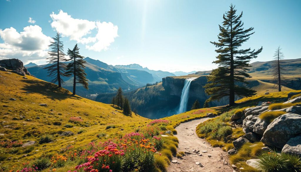 A breathtaking view of Fulufjället National Park, showcasing lush green hills and rocky outcrops in the foreground, with a winding hiking trail leading through vibrant wildflowers. In the middle ground, the majestic Njupeskär waterfall cascades dramatically, its white water contrasting against the deep blue of the sky. Towering pine trees frame the scene, adding depth to the composition. In the background, rugged cliffs rise under a bright, clear sky, with soft, fluffy clouds scattered above. The lighting is warm and golden, indicative of late afternoon, capturing the serene yet invigorating atmosphere of a hiking adventure in nature. Shot on a Sony A7R IV at 70mm with a polarized filter for clear focus and vibrant colors. A breathtaking view of Fulufjället National Park, showcasing lush green hills and rocky outcrops in the foreground, with a winding hiking trail leading through vibrant wildflowers. In the middle ground, the majestic Njupeskär waterfall cascades dramatically, its white water contrasting against the deep blue of the sky. Towering pine trees frame the scene, adding depth to the composition. In the background, rugged cliffs rise under a bright, clear sky, with soft, fluffy clouds scattered above. The lighting is warm and golden, indicative of late afternoon, capturing the serene yet invigorating atmosphere of a hiking adventure in nature. Shot on a Sony A7R IV at 70mm with a polarized filter for clear focus and vibrant colors.