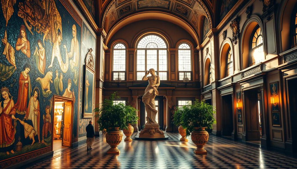 A breathtaking view of the interior of the Stadshuset in Stockholm, showcasing the stunning artworks that adorn its walls. In the foreground, intricately designed mosaics shimmer under warm, ambient lighting, reflecting rich hues of gold and deep blue. The middle ground features several tall, elegant statues, showcasing craftsmanship and cultural significance, surrounded by lush greenery in large, ornate vases. The background captures the grand architecture of Stadshuset, with its impressive arched windows and decorative stonework, basking in soft, natural light filtering through. Shot on a Sony A7R IV at 70mm, the image is sharply defined and clearly focused, enhanced with a polarized filter to accentuate the colors and details. The atmosphere is one of reverence and inspiration, inviting viewers to appreciate the artistry within this iconic venue. A breathtaking view of the interior of the Stadshuset in Stockholm, showcasing the stunning artworks that adorn its walls. In the foreground, intricately designed mosaics shimmer under warm, ambient lighting, reflecting rich hues of gold and deep blue. The middle ground features several tall, elegant statues, showcasing craftsmanship and cultural significance, surrounded by lush greenery in large, ornate vases. The background captures the grand architecture of Stadshuset, with its impressive arched windows and decorative stonework, basking in soft, natural light filtering through. Shot on a Sony A7R IV at 70mm, the image is sharply defined and clearly focused, enhanced with a polarized filter to accentuate the colors and details. The atmosphere is one of reverence and inspiration, inviting viewers to appreciate the artistry within this iconic venue.