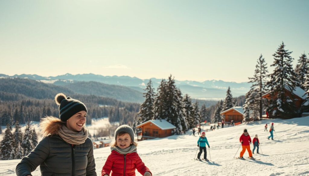 A breathtaking winter scene at Södra Berget, showcasing its vibrant ski resort and lush recreational area. In the foreground, a family in modest casual clothing enjoys the snowy slopes, laughter and joy evident on their faces. The middle ground features well-groomed ski runs with colorful ski equipment and nearby cozy cabins exuding a warm, inviting atmosphere. In the background, majestic pine trees are dusted with snow against a clear blue sky, while distant mountains rise gracefully. The scene is bathed in soft, natural sunlight, creating a serene and welcoming mood. Captured with a Sony A7R IV at 70mm, the image is sharply focused with a polarized filter that enhances the vibrant colors and contrasts.