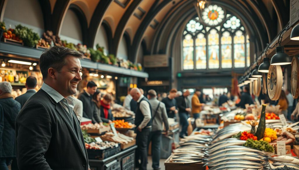 A bustling market scene inside Feskekörka, Göteborg, showcasing various stalls overflowing with fresh seafood, colorful vegetables, and local artisanal products. In the foreground, a cheerful vendor interacts with diverse customers, all dressed in casual, professional attire. The middle ground features vibrant decorations and arrangements of fish, with an emphasis on detail, inviting viewers to experience the variety of offerings. The magnificent architecture of the fish church can be seen in the background, with its iconic curved roof and stained glass windows allowing warm, natural light to filter in. The atmosphere is lively and welcoming, emphasizing community spirit and local culture. Shot on a Sony A7R IV at 70mm with a polarized filter, creating a sharp, defined focus and rich color contrast.