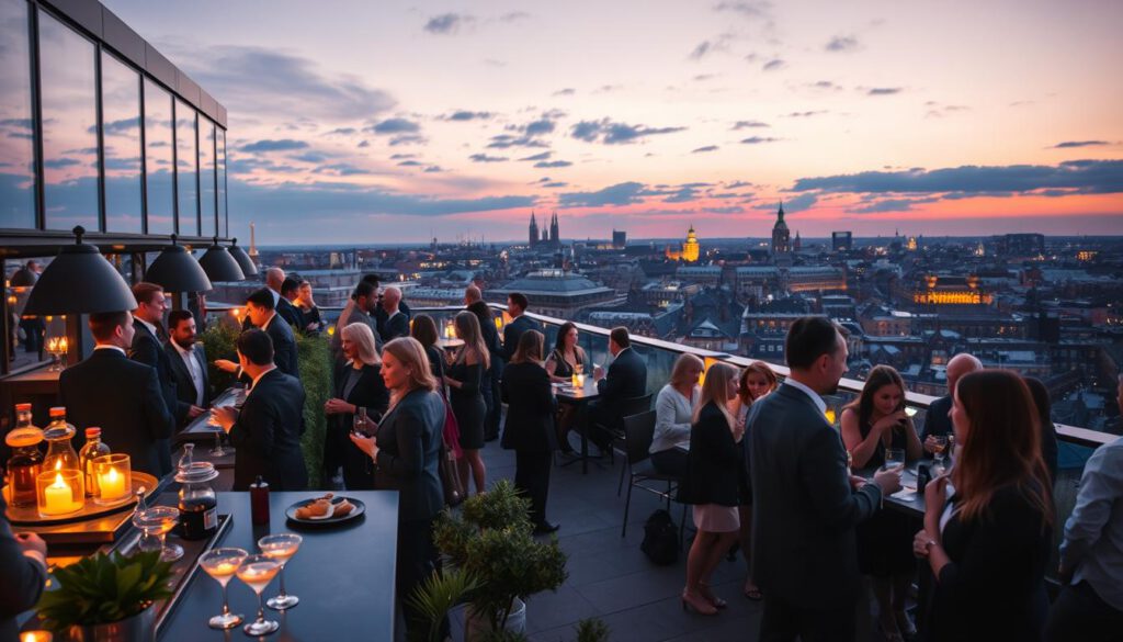 A bustling rooftop bar in Stockholm during a vibrant evening event, with people dressed in professional business attire mingling and enjoying the atmosphere. In the foreground, a stylish bar counter adorned with glowing cocktail glasses and elegantly arranged appetizers, with patrons engaged in lively conversation. The middle ground features tables with small groups chatting and laughing, surrounded by greenery and soft lighting. The backdrop reveals a panoramic view of Stockholm’s skyline, with iconic landmarks illuminated against a twilight sky filled with hues of purple and orange. Shot on a Sony A7R IV at 70mm, the image captures the details sharply with a polarized filter, creating a warm and inviting mood, emphasizing the charm and excitement of rooftop gatherings in the city.