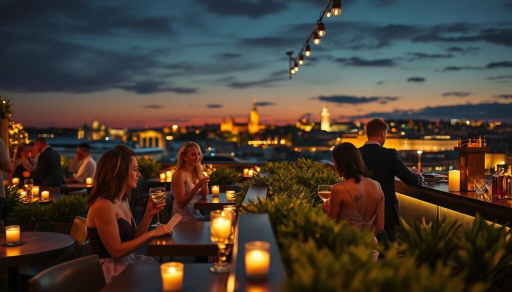 A captivating rooftop bar in Stockholm during a romantic evening. In the foreground, elegantly dressed couples enjoy drinks at stylish tables adorned with soft candles, reflecting the warm glow on their faces. In the middle ground, vibrant greenery surrounds the bar area, while bartenders craft cocktails behind a polished wooden bar. The background showcases the stunning Stockholm skyline at dusk, with the soft hues of sunset casting a magical atmosphere. The image captures the skyline’s iconic features, like the Royal Palace and historic buildings, with twinkling city lights beginning to illuminate. Shot on Sony A7R IV, 70mm, with a polarized filter, ensuring clear focus and sharp details, conveying an intimate and inviting ambiance perfect for special occasions.