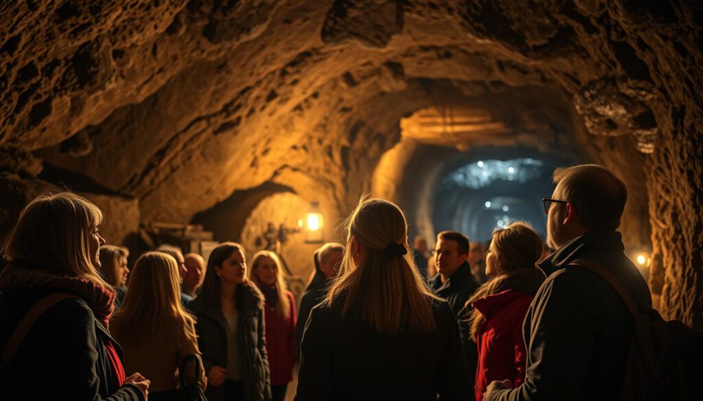 A captivating tour scene inside a historic copper mine in Falun, Sweden, showcasing guided visitors exploring the underground tunnels. Foreground: a diverse group of tourists, dressed in comfortable, professional attire, intently listening to a knowledgeable guide holding a lantern, their expressions filled with wonder. Middle ground: intricate rock formations and old mining equipment illuminated by soft, warm lighting, highlighting the mine’s rich textures. Background: deep, shadowy tunnels extending into the distance, with occasional glimmers of mineral reflections on the walls. The atmosphere is mysterious yet inviting, evoking the sense of adventure and heritage. Captured with a Sony A7R IV at 70mm, using a polarized filter for clarity and depth, ensuring sharp focus on the subjects and details within the mine.