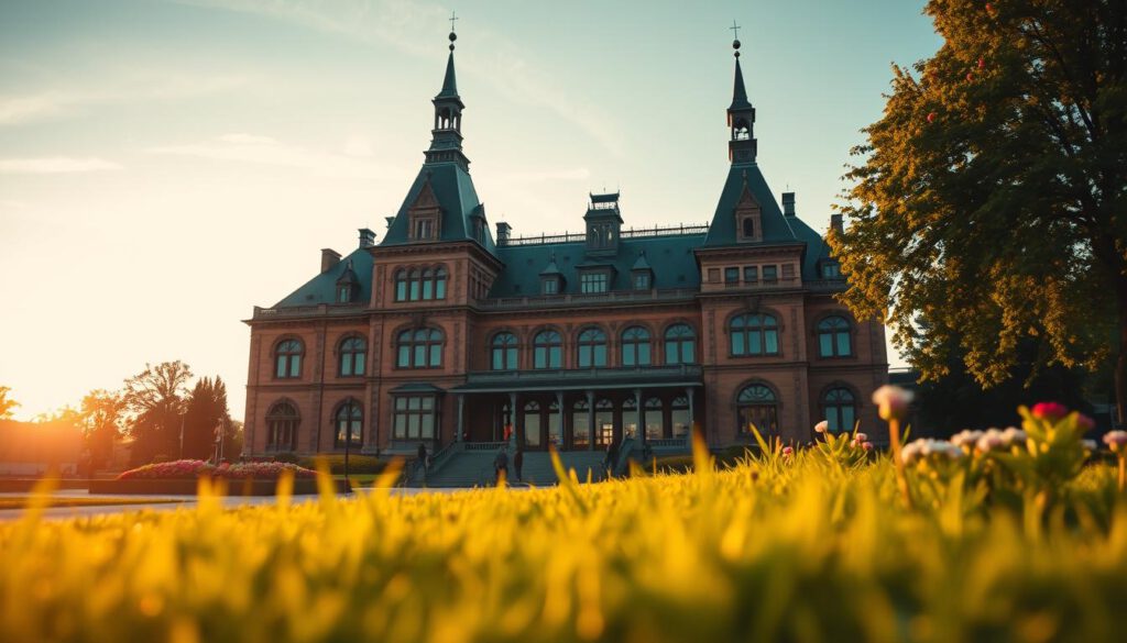A captivating view of the Nordiska Museum, situated on Djurgården in Stockholm, showcased in vivid detail. In the foreground, lush green grass and flower beds frame the entrance of the museum, inviting visitors in. The middle ground features the grand architectural elements of the museum, with intricate designs and towering spires, bathed in warm, golden hour sunlight that enhances its rich colors. The background reveals a serene glimpse of Djurgården park, with trees gently swaying and the faint outline of a pastel sky at sunset. Shot on a Sony A7R IV at 70mm, with a sharply defined focus and a polarized filter to enhance clarity and vibrancy, creating a warm, inviting atmosphere that captures the essence of Swedish culture and heritage. A captivating view of the Nordiska Museum, situated on Djurgården in Stockholm, showcased in vivid detail. In the foreground, lush green grass and flower beds frame the entrance of the museum, inviting visitors in. The middle ground features the grand architectural elements of the museum, with intricate designs and towering spires, bathed in warm, golden hour sunlight that enhances its rich colors. The background reveals a serene glimpse of Djurgården park, with trees gently swaying and the faint outline of a pastel sky at sunset. Shot on a Sony A7R IV at 70mm, with a sharply defined focus and a polarized filter to enhance clarity and vibrancy, creating a warm, inviting atmosphere that captures the essence of Swedish culture and heritage.