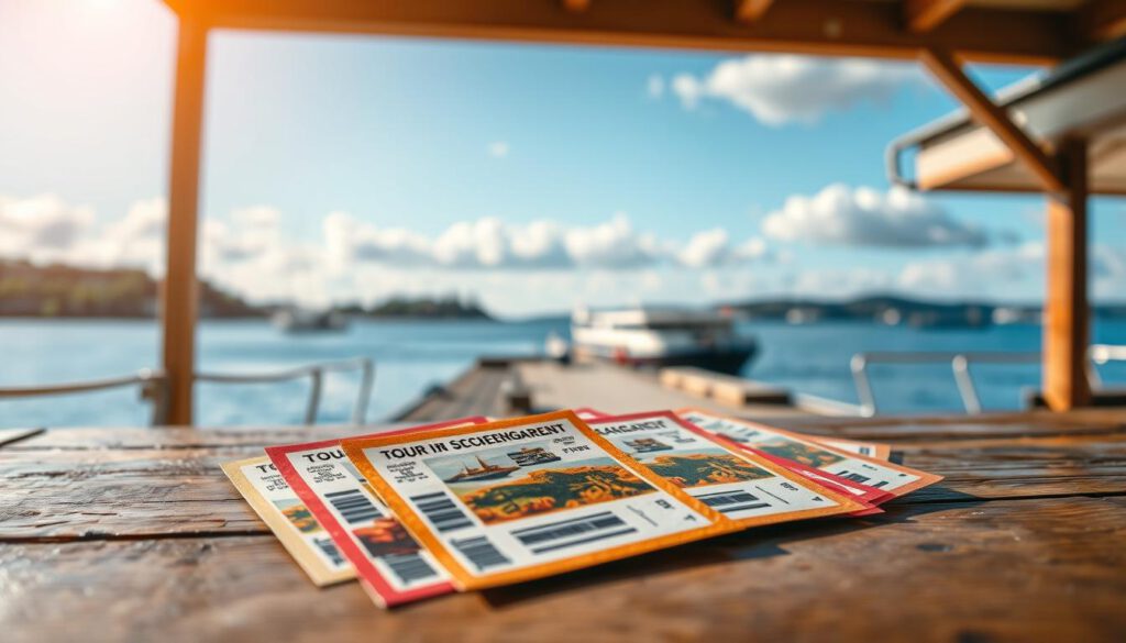A collection of colorful ticket stubs for a boat tour in the Stockholmer Schärengarten, displayed in the foreground on a rustic wooden table. The tickets feature vibrant designs with images of the serene archipelago, including islands and ferries. In the middle ground, soft-focus scenery reveals a picturesque dock with boats gently bobbing in the water, surrounded by lush greenery and distant islands. The background features a clear blue sky and fluffy white clouds, enhancing the tranquil atmosphere. The lighting is warm and inviting, captured in a natural, outdoor setting, shot on a Sony A7R IV with a 70mm lens, clearly focused and sharply defined. A collection of colorful ticket stubs for a boat tour in the Stockholmer Schärengarten, displayed in the foreground on a rustic wooden table. The tickets feature vibrant designs with images of the serene archipelago, including islands and ferries. In the middle ground, soft-focus scenery reveals a picturesque dock with boats gently bobbing in the water, surrounded by lush greenery and distant islands. The background features a clear blue sky and fluffy white clouds, enhancing the tranquil atmosphere. The lighting is warm and inviting, captured in a natural, outdoor setting, shot on a Sony A7R IV with a 70mm lens, clearly focused and sharply defined.