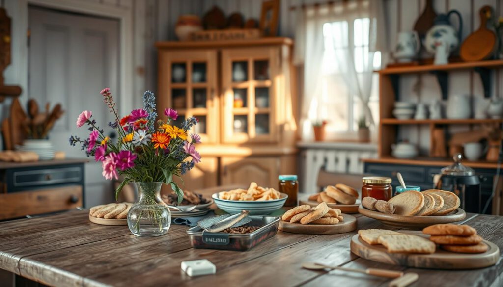 A cozy Dalarna kitchen filled with local culinary delights, featuring a rustic wooden table laden with traditional Swedish dishes like herring, meatballs, and crispbread. In the foreground, a colorful vase of wildflowers symbolizes the region's natural beauty. The middle ground showcases a heritage-style wooden cupboard stocked with artisanal preserves and hand-painted pottery, typical of Dalarna's craftsmanship. The background reveals a softly lit window adorned with lace curtains, allowing gentle natural light to filter in, casting a warm glow across the scene. Captured with a Sony A7R IV at 70mm, the image is sharply focused, with a polarized filter enhancing the vibrant colors. The overall atmosphere is inviting and homely, celebrating the rich culinary traditions of Dalarna. A cozy Dalarna kitchen filled with local culinary delights, featuring a rustic wooden table laden with traditional Swedish dishes like herring, meatballs, and crispbread. In the foreground, a colorful vase of wildflowers symbolizes the region's natural beauty. The middle ground showcases a heritage-style wooden cupboard stocked with artisanal preserves and hand-painted pottery, typical of Dalarna's craftsmanship. The background reveals a softly lit window adorned with lace curtains, allowing gentle natural light to filter in, casting a warm glow across the scene. Captured with a Sony A7R IV at 70mm, the image is sharply focused, with a polarized filter enhancing the vibrant colors. The overall atmosphere is inviting and homely, celebrating the rich culinary traditions of Dalarna.
