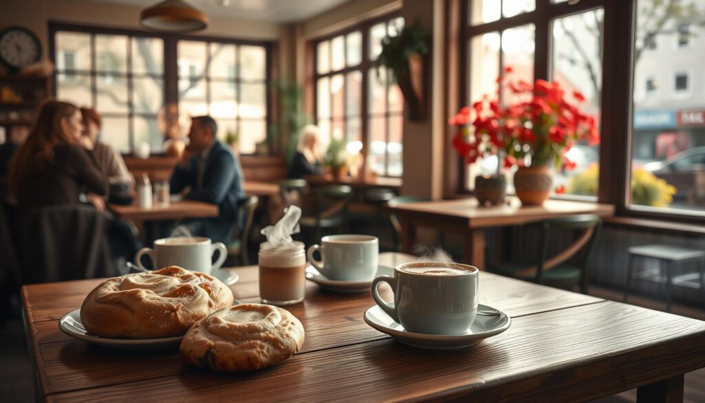 A cozy Swedish café scene to illustrate the Fika culture in Haga, Göteborg. In the foreground, a charming wooden table adorned with fresh cinnamon buns and steaming cups of coffee. A few people in modest casual clothing engage in warm conversation, their faces lit by soft, natural light. The middle ground features an inviting café interior with vintage décor, large windows allowing sunlight to filter in, creating a serene atmosphere. In the background, colorful blooms and trees typical of Haga's quaint streets add a vibrant touch. Captured with a Sony A7R IV at 70mm, the image is sharply defined with a polarized filter, enhancing the colors and creating a peaceful yet lively mood, perfect for evoking the comforting essence of Swedish Fika. A cozy Swedish café scene to illustrate the Fika culture in Haga, Göteborg. In the foreground, a charming wooden table adorned with fresh cinnamon buns and steaming cups of coffee. A few people in modest casual clothing engage in warm conversation, their faces lit by soft, natural light. The middle ground features an inviting café interior with vintage décor, large windows allowing sunlight to filter in, creating a serene atmosphere. In the background, colorful blooms and trees typical of Haga's quaint streets add a vibrant touch. Captured with a Sony A7R IV at 70mm, the image is sharply defined with a polarized filter, enhancing the colors and creating a peaceful yet lively mood, perfect for evoking the comforting essence of Swedish Fika.
