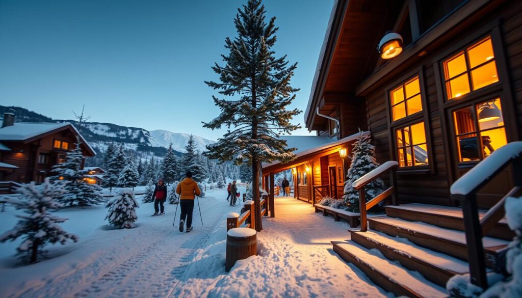 A cozy alpine accommodation in Mora, Sweden, set against the backdrop of the Vasaloppet ski race. In the foreground, depict a warm, inviting lodge with wooden architecture, large windows glowing with soft yellow light, and snow-covered steps leading to the entrance. In the middle, a well-maintained path is lined with pine trees and snow-laden branches, where skiers are seen in modest, colorful winter gear, casually walking towards the lodge. The background features snow-capped mountains under a clear blue sky, capturing the essence of winter. Capture this scene with a Sony A7R IV at 70mm, ensuring sharp focus, vibrant colors, and a bright atmosphere enhanced by a polarized filter, evoking a sense of adventure and warmth amidst the winter chill.