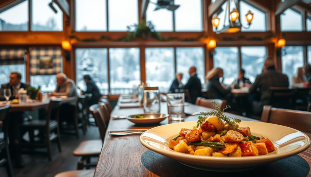 A cozy, inviting dining space in Gastronomie Orsa Grönklitt, featuring rustic wooden tables adorned with elegant table settings and colorful local dishes. In the foreground, a beautifully plated dish of traditional Swedish cuisine, garnished with fresh herbs, showcases vibrant colors. The middle ground captures a warm ambiance with patrons enjoying their meals, dressed in smart casual attire, adding a joyful atmosphere. In the background, large windows reveal a stunning winter landscape of snowy trees and distant mountains, softly illuminated by natural light. The scene exudes a welcoming and festive vibe, emphasizing warmth and comfort amid the winter chill. Shot on a Sony A7R IV at 70mm with a polarized filter for enhanced clarity, ensuring a sharply defined focus that draws attention to the food and the delightful ambiance.