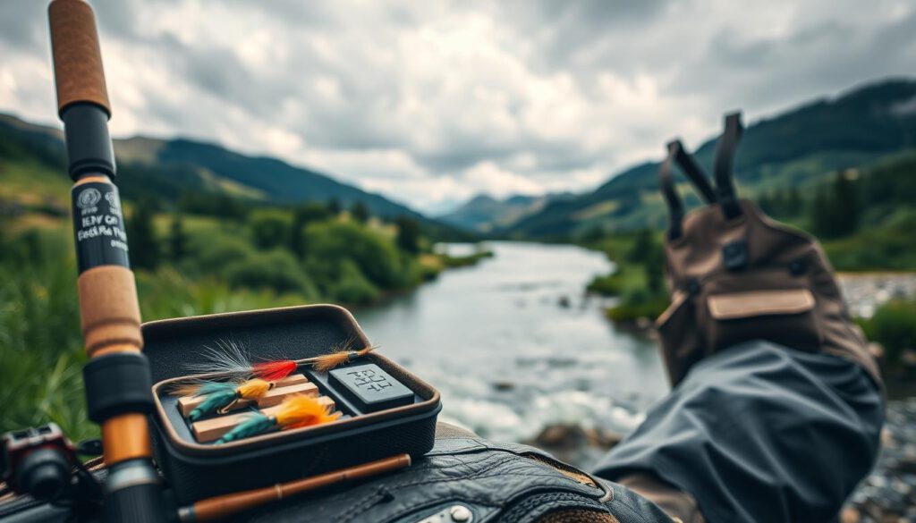 A detailed composition of fly fishing gear for salmon fishing in Sweden, prominently displayed in the foreground. Include a high-quality fly rod with colorful flies, a compact tackle box, and a pair of waterproof chest waders. In the middle ground, showcase a serene riverbank in Norrbotten with lush greenery and gently flowing water, reflecting the natural beauty of Sweden’s landscapes. In the background, depict rolling hills and dense forests under a cloudy sky, creating a moody atmosphere. The image should be shot on a Sony A7R IV at 70mm, clearly focused and sharply defined, with a polarized filter enhancing the colors. Soft, natural light illuminates the scene, highlighting the textures of the fishing equipment and the environment.
