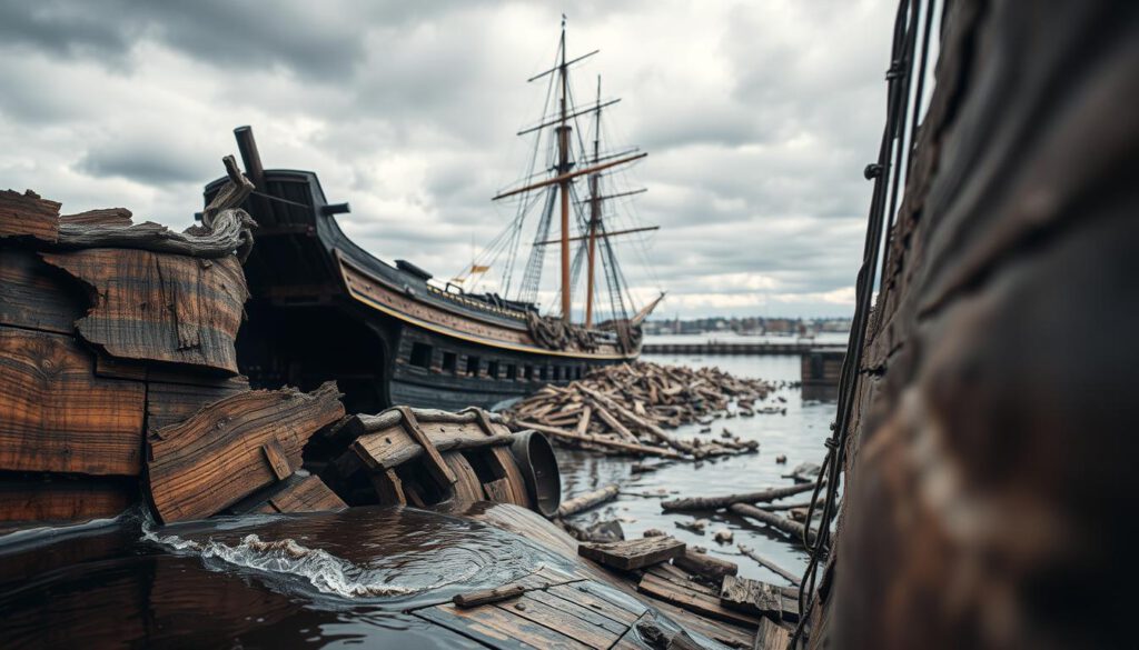 A detailed depiction of the Vasa shipwreck, highlighting its structural flaws and the causes of its sinking. In the foreground, the damaged hull of the Vasa reveals warped wood and missing sections, with eddies of water gently lapping against it. The middle ground captures the sunken ship surrounded by debris, emphasizing the scale of the tragedy. The background shows a cloudy sky reflecting the somber mood, with hints of the Stockholm waterfront far off. The lighting is dramatic, showcasing the textures of the wood and water with a polarized filter effect, enhancing the colors and depth. The scene is shot with a Sony A7R IV at 70mm, ensuring clear focus and sharp definition to evoke a sense of loss and history surrounding this world-famous shipwreck.