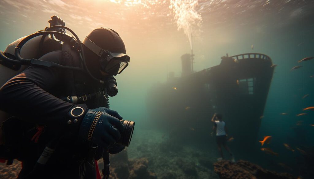 A detailed scene showcasing specialized equipment for wreck diving, set in a serene underwater landscape typical of the Baltic Sea. In the foreground, prominently display high-quality scuba gear, including an advanced diving suit, fins, a diving mask, an underwater flashlight, and a surface-supplied umbilical cord. The middle ground should feature a diver in professional dive attire, examining a shipwreck overgrown with marine life, emphasizing the sense of exploration and adventure. In the background, soft sunlight filters through the surface, illuminating schools of fish and highlighting the tantalizing shadows of the wreck. The atmosphere is tranquil yet exhilarating, evoking curiosity and respect for the underwater world. Captured with a Sony A7R IV at 70mm, ensuring a clear focus and sharp definition, using a polarized filter for enhanced colors and clarity.