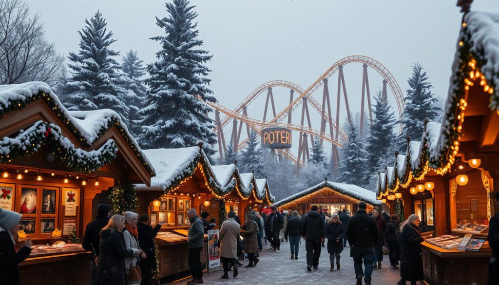 A enchanting winter scene at "Winterzauber Liseberg," showcasing the magical atmosphere of the Liseberg amusement park. In the foreground, festive lights illuminate beautifully decorated wooden stalls selling traditional holiday treats, surrounded by visitors dressed in warm, modest winter attire. The middle ground features the iconic Liseberg roller coaster, draped in snow, with twinkling lights adorning its structure. In the background, towering pine trees glisten with frost, while softly falling snowflakes blanket the scene, creating a serene winter wonderland. The image is captured with a Sony A7R IV at 70mm, emphasizing sharp details and vivid colors, with a polarized filter enhancing contrast. Evoke a sense of warmth, joy, and holiday spirit in the atmosphere, inviting viewers to experience the magic of winter at Liseberg. A enchanting winter scene at "Winterzauber Liseberg," showcasing the magical atmosphere of the Liseberg amusement park. In the foreground, festive lights illuminate beautifully decorated wooden stalls selling traditional holiday treats, surrounded by visitors dressed in warm, modest winter attire. The middle ground features the iconic Liseberg roller coaster, draped in snow, with twinkling lights adorning its structure. In the background, towering pine trees glisten with frost, while softly falling snowflakes blanket the scene, creating a serene winter wonderland. The image is captured with a Sony A7R IV at 70mm, emphasizing sharp details and vivid colors, with a polarized filter enhancing contrast. Evoke a sense of warmth, joy, and holiday spirit in the atmosphere, inviting viewers to experience the magic of winter at Liseberg.