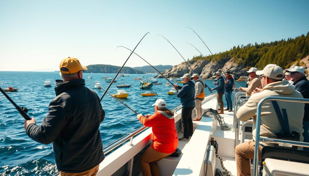 A lively fishing competition scene on the stunning Swedish coast, showcasing a diverse group of anglers dressed in professional attire, focused on their contest. In the foreground, several fishermen are casting their lines from a sleek fishing boat, with rods bent in anticipation. In the middle ground, a vibrant array of colorful boats dot the sparkling blue waters, while fellow competitors enthusiastically cheer each other on. The background features the dramatic coastline, dotted with lush green forests and rocky outcrops under a clear, sunny sky. The image is captured with a Sony A7R IV at 70mm, utilizing a polarized filter for enhanced contrast and clarity. The atmosphere is energetic and competitive, reflecting the excitement of the event, with natural lighting highlighting the vivid details and textures of the scene.