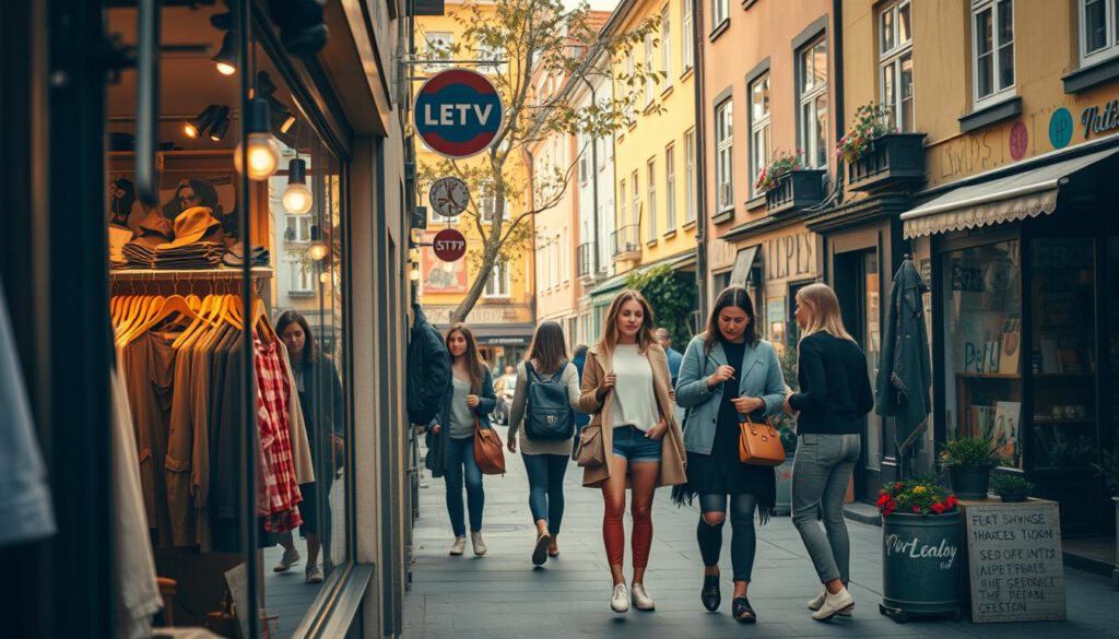 A lively street scene in Södermalm, showcasing charming vintage shops. In the foreground, a cozy vintage store with retro clothing displayed in the window, inviting passersby. The middle ground features a bustling sidewalk with hip young adults dressed in trendy, modest casual attire browsing and chatting, exuding a relaxed vibe. The background reveals quaint, colorful buildings adorned with murals and potted plants, embodying the artistic spirit of the neighborhood. The lighting is warm and inviting, with a soft golden hour glow, shot with a Sony A7R IV at 70mm for a beautifully defined and crisp focus. The atmosphere feels vibrant and eclectic, capturing the essence of Södermalm's unique vintage culture. A lively street scene in Södermalm, showcasing charming vintage shops. In the foreground, a cozy vintage store with retro clothing displayed in the window, inviting passersby. The middle ground features a bustling sidewalk with hip young adults dressed in trendy, modest casual attire browsing and chatting, exuding a relaxed vibe. The background reveals quaint, colorful buildings adorned with murals and potted plants, embodying the artistic spirit of the neighborhood. The lighting is warm and inviting, with a soft golden hour glow, shot with a Sony A7R IV at 70mm for a beautifully defined and crisp focus. The atmosphere feels vibrant and eclectic, capturing the essence of Södermalm's unique vintage culture.