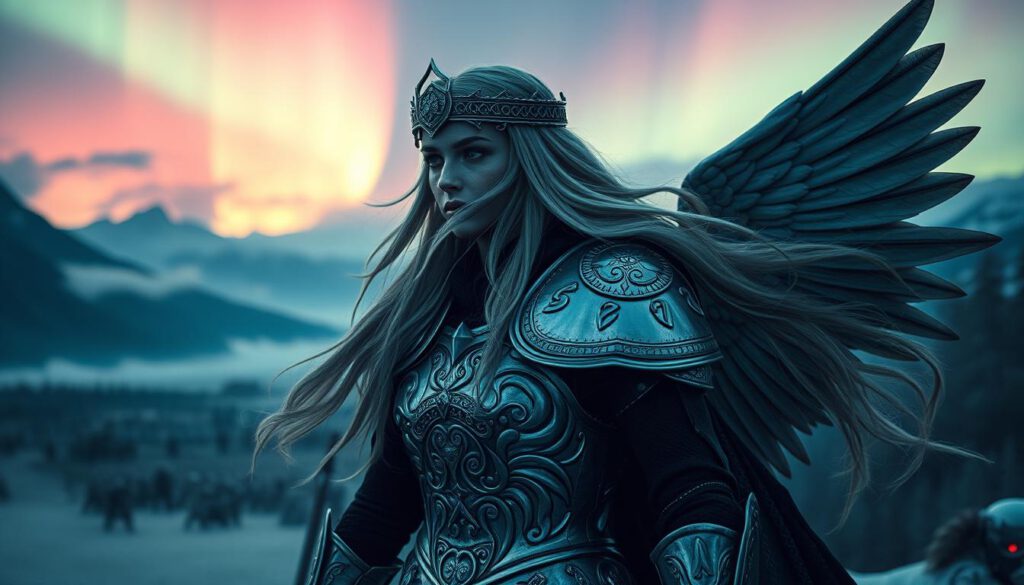 A majestic Valkyrie from Norse mythology stands heroically in the foreground, adorned in intricate silver armor reflecting the northern lights. Her long, flowing hair billows in the wind, adorned with a circlet of glimmering runes. In the middle ground, an expansive battlefield surrounded by dramatic mountains and deep forests, shrouded in mist, hints at her role as a chooser of the slain. The background features an ethereal sky filled with vibrant colors, illuminated by the Aurora Borealis. The scene is captured with a Sony A7R IV at 70mm, showcasing sharp details and a crisp focus. The atmosphere is both mystical and powerful, evoking a sense of bravery and destiny. Soft, diffused lighting enhances the enchanting quality of this legendary figure. A majestic Valkyrie from Norse mythology stands heroically in the foreground, adorned in intricate silver armor reflecting the northern lights. Her long, flowing hair billows in the wind, adorned with a circlet of glimmering runes. In the middle ground, an expansive battlefield surrounded by dramatic mountains and deep forests, shrouded in mist, hints at her role as a chooser of the slain. The background features an ethereal sky filled with vibrant colors, illuminated by the Aurora Borealis. The scene is captured with a Sony A7R IV at 70mm, showcasing sharp details and a crisp focus. The atmosphere is both mystical and powerful, evoking a sense of bravery and destiny. Soft, diffused lighting enhances the enchanting quality of this legendary figure.