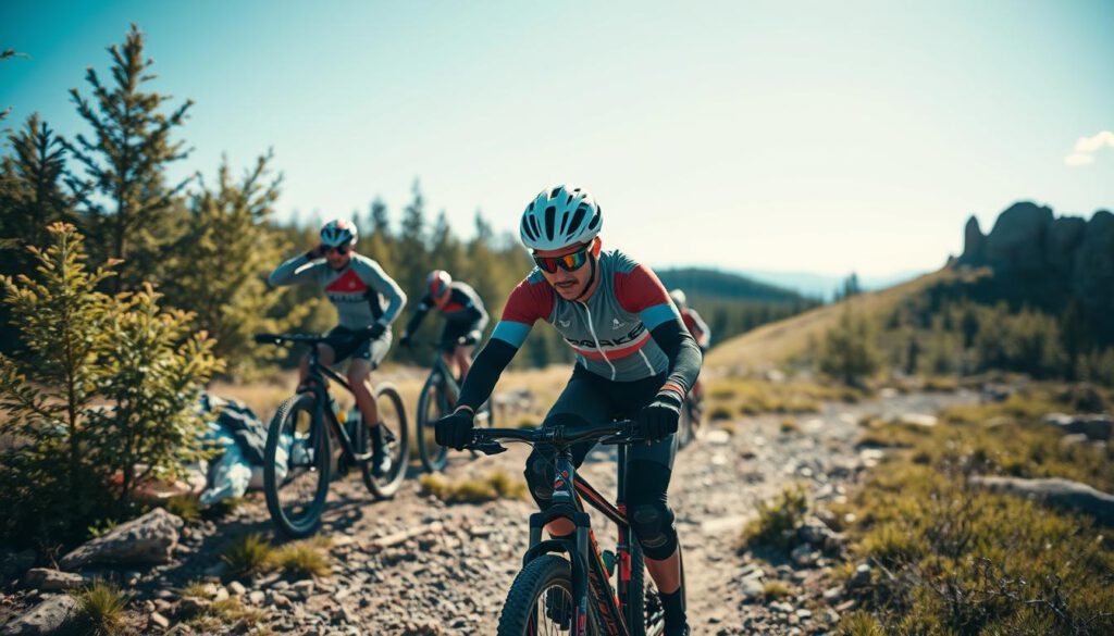 A mountain biking scene set in the scenic terrain of Åre, showcasing important safety precautions. In the foreground, a cyclist wearing a helmet, knee pads, and elbow guards rides confidently along a rugged trail, demonstrating proper safety gear. In the middle ground, other bikers are seen in professional cycling gear, navigating the trail with focus, while some adjust their helmets or check safety equipment. The background includes lush green trees and rocky outcrops under a bright blue sky, enhancing the outdoor atmosphere. The scene is captured with a Sony A7R IV, 70mm lens, using a polarized filter to reduce glare, creating a vibrant and dynamic image. The mood is energetic and encouraging, emphasizing safety and preparedness in mountain biking.