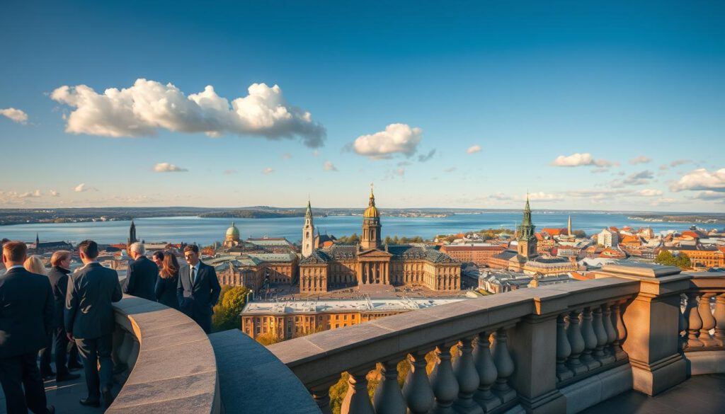 A panoramic view from the Rathausturm, showcasing the stunning skyline of Stockholm. In the foreground, a well-maintained observation deck with polished stone railing, where visitors in professional attire gaze across the city. The middle ground features iconic Stockholm architecture, including the radiant Stadshuset (City Hall) with its golden crown and the tranquil waters of Lake Mälaren. In the background, the silhouettes of the archipelago islands under a clear blue sky, with fluffy white clouds. The scene is captured at golden hour, with warm sunlight casting a soft glow, highlighting details and creating a serene atmosphere. Shot on a Sony A7R IV at 70mm, clearly focused with a polarized filter for enhanced color saturation and sharpness. A panoramic view from the Rathausturm, showcasing the stunning skyline of Stockholm. In the foreground, a well-maintained observation deck with polished stone railing, where visitors in professional attire gaze across the city. The middle ground features iconic Stockholm architecture, including the radiant Stadshuset (City Hall) with its golden crown and the tranquil waters of Lake Mälaren. In the background, the silhouettes of the archipelago islands under a clear blue sky, with fluffy white clouds. The scene is captured at golden hour, with warm sunlight casting a soft glow, highlighting details and creating a serene atmosphere. Shot on a Sony A7R IV at 70mm, clearly focused with a polarized filter for enhanced color saturation and sharpness.