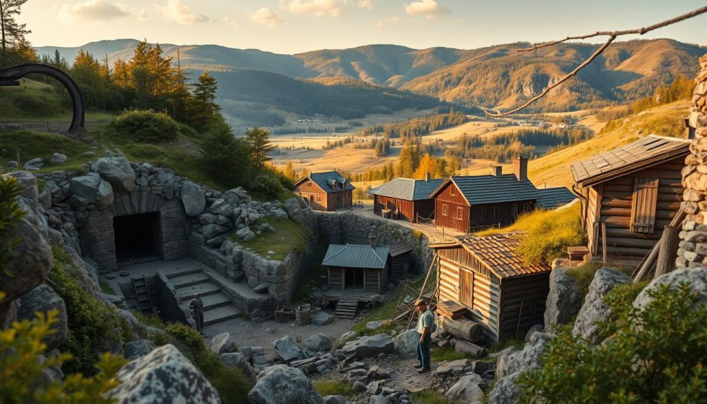 A panoramic view of the historic Dalarna copper mine, a UNESCO World Heritage site, nestled in the serene Swedish landscape. In the foreground, depict the entrance of the mine, surrounded by rugged rocks and lush greenery, with miners in modest work attire engaged in their tasks. The middle ground features the mine's old structures, showcasing traditional Swedish architecture, with hints of weathered wood and stone. In the background, the gentle hills of Dalarna rise, bathed in soft, golden sunlight, creating a tranquil atmosphere. Capture this scene with a Sony A7R IV at 70mm, ensuring a clearly focused and sharply defined image, enhanced by a polarized filter to emphasize the rich colors and details. The mood should convey a sense of history and the natural beauty of Dalarna. A panoramic view of the historic Dalarna copper mine, a UNESCO World Heritage site, nestled in the serene Swedish landscape. In the foreground, depict the entrance of the mine, surrounded by rugged rocks and lush greenery, with miners in modest work attire engaged in their tasks. The middle ground features the mine's old structures, showcasing traditional Swedish architecture, with hints of weathered wood and stone. In the background, the gentle hills of Dalarna rise, bathed in soft, golden sunlight, creating a tranquil atmosphere. Capture this scene with a Sony A7R IV at 70mm, ensuring a clearly focused and sharply defined image, enhanced by a polarized filter to emphasize the rich colors and details. The mood should convey a sense of history and the natural beauty of Dalarna.