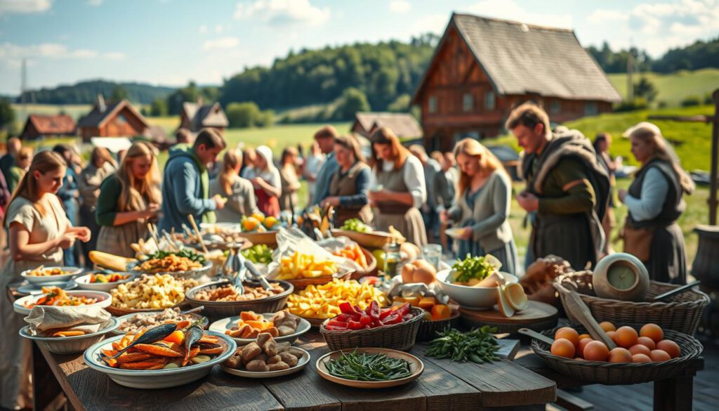 A picturesque outdoor scene in Birka, depicting a vibrant market filled with local culinary delights. In the foreground, a wooden table is laden with an array of colorful dishes, including fresh seafood, traditional Viking bread, and seasonal fruits, all beautifully arranged. In the middle, people of diverse backgrounds, dressed in modest casual clothing and historical Viking attire, engage in bustling activity, tasting and discussing the foods. The background features reconstructed Viking houses and lush green landscapes under a bright blue sky. Soft, warm lighting enhances the inviting atmosphere, captured with a Sony A7R IV at 70mm, ensuring clear focus and sharp definition, with a polarized filter to enrich colors and reduce glare. The mood evokes a sense of community and an appreciation for culinary heritage. A picturesque outdoor scene in Birka, depicting a vibrant market filled with local culinary delights. In the foreground, a wooden table is laden with an array of colorful dishes, including fresh seafood, traditional Viking bread, and seasonal fruits, all beautifully arranged. In the middle, people of diverse backgrounds, dressed in modest casual clothing and historical Viking attire, engage in bustling activity, tasting and discussing the foods. The background features reconstructed Viking houses and lush green landscapes under a bright blue sky. Soft, warm lighting enhances the inviting atmosphere, captured with a Sony A7R IV at 70mm, ensuring clear focus and sharp definition, with a polarized filter to enrich colors and reduce glare. The mood evokes a sense of community and an appreciation for culinary heritage.