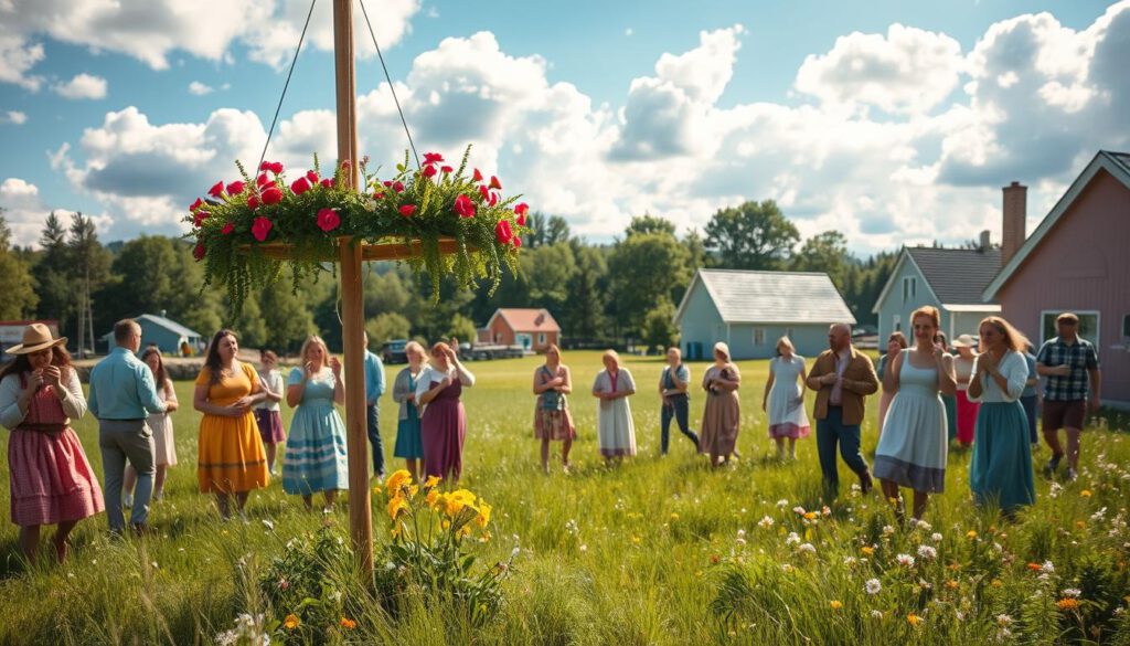 A picturesque scene capturing the essence of Midsommar celebrations in Dalarna, Sweden. In the foreground, a traditional maypole adorned with vibrant flowers and greenery, surrounded by friendly locals dressed in colorful, modest traditional attire, dancing and laughing. The middle ground features a lush green meadow dotted with cheerful wildflowers, while in the background, serene Swedish wooden houses in pastel colors, under a bright blue sky with fluffy white clouds. The sunlight bathes the landscape in a warm glow, creating a joyful and festive atmosphere. The image should be shot on a Sony A7R IV with a 70mm lens, clearly focused and sharply defined, using a polarized filter to enhance color saturation and reduce glare.
