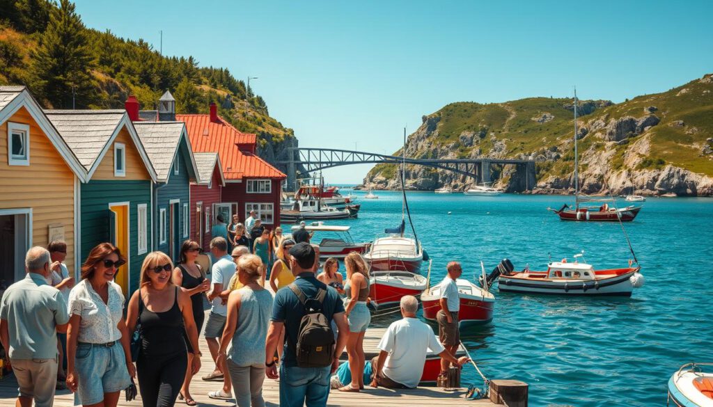 A picturesque scene capturing the vibrant coastal activities in Smögen, Sweden. In the foreground, a lively group of people in modest casual clothing enjoys a sunny day while exploring the colorful wooden boathouses lining the harbor. The middle ground features charming fishing boats bobbing gently in the water, with a few people engaged in fishing and sailing. In the background, the iconic Smögen Bridge spans across sparkling turquoise waters, surrounded by rugged cliffs and lush greenery under a clear blue sky. The image is shot with a Sony A7R IV at 70mm, with crystal-clear focus and sharp definitions, enhanced by a polarized filter to intensify colors and reduce glare, creating a warm and inviting atmosphere evoking summer adventures by the sea.