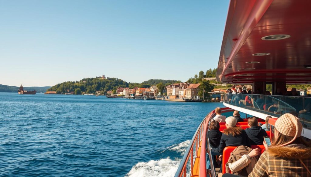 A picturesque scene depicting Fjäderholmarna and Vaxholm as popular excursion destinations in the Stockholm Archipelago. In the foreground, a vibrant ferry filled with tourists in modest casual clothing glides over calm, azure waters, conveying a sense of adventure. The middle ground showcases the charming coastline of Fjäderholmarna with its historic buildings and lush greenery, while Vaxholm's iconic fortress stands prominently on a nearby island. In the background, the archipelago unfolds, dotted with small, colorful boats and serene islets under a clear blue sky. The image is illuminated by warm, natural sunlight, with a dynamic perspective shot at 70mm, achieved through a Sony A7R IV, using a polarized filter for enhanced clarity and detail, creating a tranquil yet inviting atmosphere. A picturesque scene depicting Fjäderholmarna and Vaxholm as popular excursion destinations in the Stockholm Archipelago. In the foreground, a vibrant ferry filled with tourists in modest casual clothing glides over calm, azure waters, conveying a sense of adventure. The middle ground showcases the charming coastline of Fjäderholmarna with its historic buildings and lush greenery, while Vaxholm's iconic fortress stands prominently on a nearby island. In the background, the archipelago unfolds, dotted with small, colorful boats and serene islets under a clear blue sky. The image is illuminated by warm, natural sunlight, with a dynamic perspective shot at 70mm, achieved through a Sony A7R IV, using a polarized filter for enhanced clarity and detail, creating a tranquil yet inviting atmosphere.