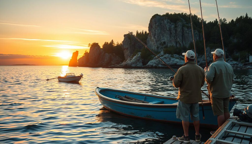 A picturesque scene depicting a fishing trip along the Swedish coast, showcasing a small fishing boat gently bobbing on calm waters. In the foreground, a group of two anglers, dressed in modest casual clothing, prepare their fishing rods with anticipation. The middle ground features stunning, rocky outcrops and lush greenery typical of Sweden's coastline. In the background, the sun sets on the horizon, casting warm golden hues across the sky, reflecting beautifully on the water. The image is shot on a Sony A7R IV at 70mm, using a polarized filter for vibrant colors and contrast, creating a serene and adventurous atmosphere, ideal for illustrating travel preparations for a fishing excursion.