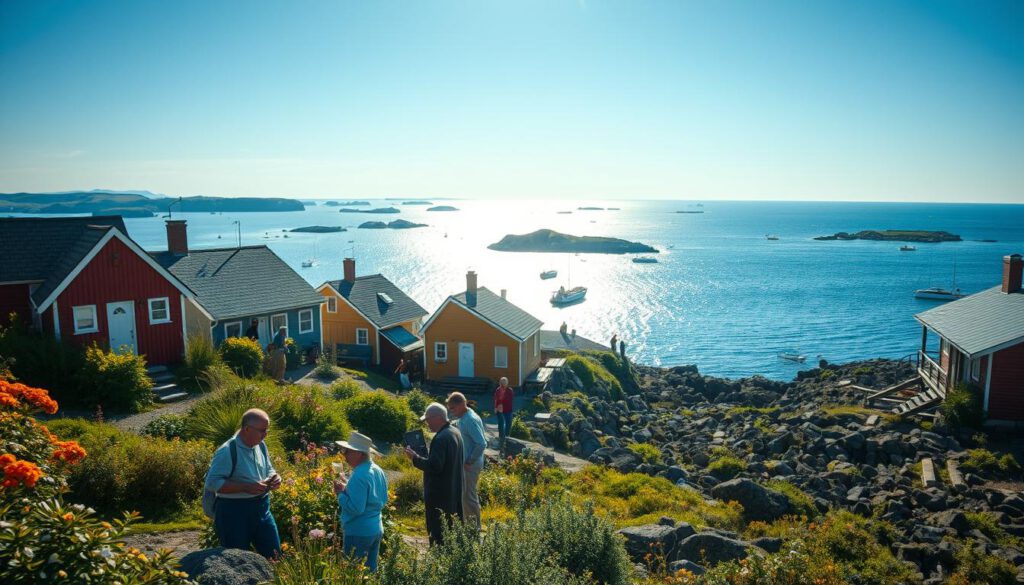 A picturesque scene depicting the permanent residents of the Gothenburg Archipelago, showcasing their vibrant community life. In the foreground, a group of modestly dressed inhabitants, engaged in daily activities such as fishing and tending to gardens, reflecting their deep connection to the sea. In the middle ground, charming wooden cottages with colorful facades sit beside rocky shores, adorned with lush greenery and blooming flowers. The background features an expansive seascape dotted with distant islands under a clear blue sky, radiating warmth from the sunlight. Shot on a Sony A7R IV at 70mm, the image is sharply defined and focused, with a polarized filter to enhance the vivid colors and contrast, creating a serene and inviting atmosphere.