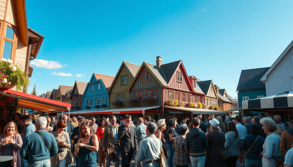 A picturesque scene in Haga, Göteborg, showcasing a vibrant street filled with cheerful crowds engaging in special events. In the foreground, groups of diverse people in casual, modest clothing chat and drink coffee from nearby cafés, while some browse unique antique stalls. The middle ground features charming, colorful wooden houses typical of Haga architecture, adorned with blooming flowers. In the background, a clear blue sky complements the warm sunlight illuminating the atmosphere, enhancing the friendly and inviting mood. Shot on a Sony A7R IV with a 70mm lens, the image is sharply defined, capturing every detail with a polarized filter for clarity. The overall ambiance reflects a lively community spirit centered around culture and local activities. A picturesque scene in Haga, Göteborg, showcasing a vibrant street filled with cheerful crowds engaging in special events. In the foreground, groups of diverse people in casual, modest clothing chat and drink coffee from nearby cafés, while some browse unique antique stalls. The middle ground features charming, colorful wooden houses typical of Haga architecture, adorned with blooming flowers. In the background, a clear blue sky complements the warm sunlight illuminating the atmosphere, enhancing the friendly and inviting mood. Shot on a Sony A7R IV with a 70mm lens, the image is sharply defined, capturing every detail with a polarized filter for clarity. The overall ambiance reflects a lively community spirit centered around culture and local activities.