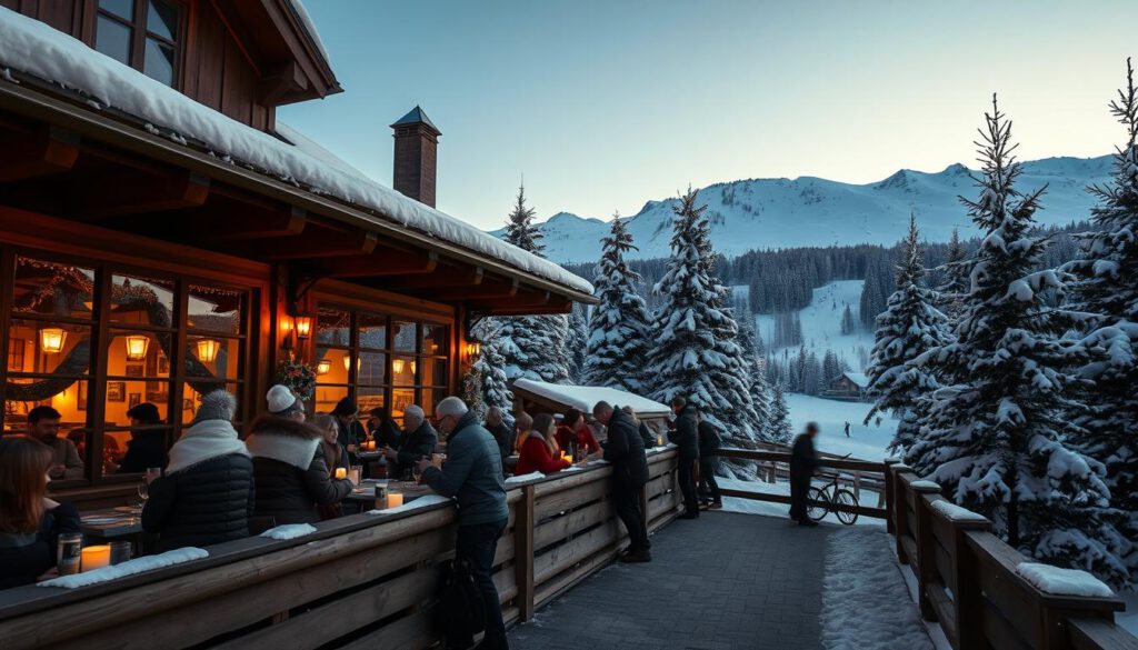 A picturesque scene of "Restaurants Sälen" showcasing a cozy alpine dining setting. In the foreground, a charming wooden terrace filled with patrons enjoying hot drinks, clad in warm, stylish winter attire. In the middle ground, a rustic restaurant with large windows, illuminated by soft, warm lighting, surrounded by snow-covered pines that create a serene winter atmosphere. The background features snow-capped mountains under a clear blue sky, with hints of skiers gliding down the slopes. The composition is shot with a Sony A7R IV at 70mm, ensuring a sharp focus on the restaurant while softly blurring the distant mountains, enhanced by a polarized filter to enrich the colors. The mood is inviting and festive, capturing the essence of dining in a winter wonderland.