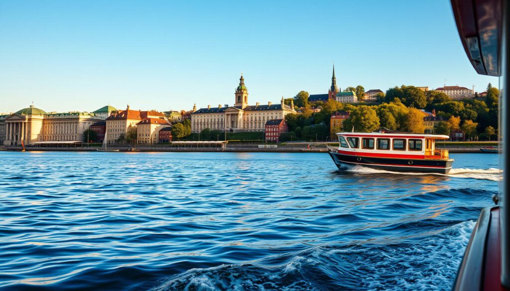 A picturesque scene of Stockholm's iconic landmarks viewed from a serene boat tour, highlighting historical buildings and vibrant neighborhoods along the waterfront. In the foreground, a gently rippling water surface reflects the clear blue sky, with a classic Swedish boat gliding smoothly. In the middle ground, the majestic Royal Palace stands proudly, alongside colorful houses of Gamla Stan, creating a charming urban landscape. The background features the serene silhouette of Djurgården, with lush greenery and glimpses of the sky peeking through. Captured in golden hour lighting, this image showcases warm tones and long shadows, evoking a tranquil atmosphere. Shot with a Sony A7R IV at 70mm, ensuring sharp focus and vivid detail, complemented by a polarized filter for enhanced clarity.