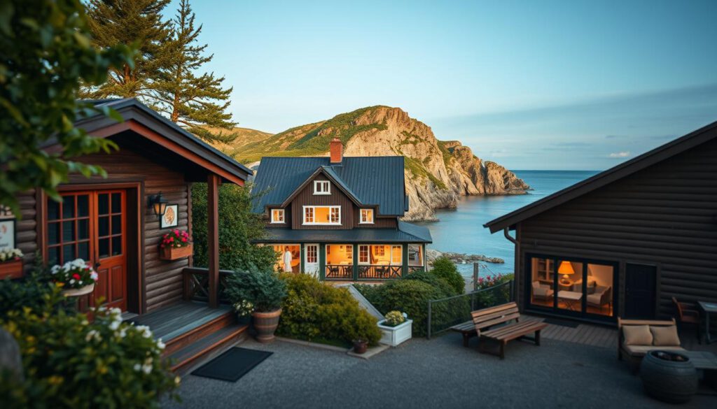 A picturesque scene of accommodation options in Fjällbacka, showcasing charming seaside cabins and cozy inns nestled among lush greenery and rocky cliffs. In the foreground, a rustic wooden cabin with a welcoming porch adorned with flower boxes. In the middle ground, a small, elegant hotel with a warm glow from its windows, complemented by outdoor seating areas with tables and chairs overlooking the water. The background features picturesque cliffs and the serene Swedish coastline under a clear blue sky. The scene is shot with a Sony A7R IV at 70mm, using a polarized filter to enhance colors and contrast. The lighting is soft and natural, creating a peaceful, inviting atmosphere that captures the essence of a perfect getaway in Fjällbacka.
