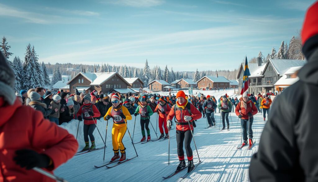 A picturesque scene of the Mora Wasalauf Skirennen, capturing the excitement and energy of the race. In the foreground, skiers in vibrant winter gear, showcasing a blend of traditional Swedish attire and modern ski clothing, expertly navigate the snow-covered course. In the middle ground, spectators cheer enthusiastically, bundled in coats and hats, with a backdrop of snow-laden trees. The background features the charming town of Mora, with its iconic wooden buildings and a clear blue sky. The image is shot with a Sony A7R IV at 70mm, utilizing a polarized filter to enhance colors and contrast, creating a bright and crisp atmosphere. The overall mood conveys a festive winter spirit, emphasizing the cultural significance of the event in the heart of Dalarna. A picturesque scene of the Mora Wasalauf Skirennen, capturing the excitement and energy of the race. In the foreground, skiers in vibrant winter gear, showcasing a blend of traditional Swedish attire and modern ski clothing, expertly navigate the snow-covered course. In the middle ground, spectators cheer enthusiastically, bundled in coats and hats, with a backdrop of snow-laden trees. The background features the charming town of Mora, with its iconic wooden buildings and a clear blue sky. The image is shot with a Sony A7R IV at 70mm, utilizing a polarized filter to enhance colors and contrast, creating a bright and crisp atmosphere. The overall mood conveys a festive winter spirit, emphasizing the cultural significance of the event in the heart of Dalarna.