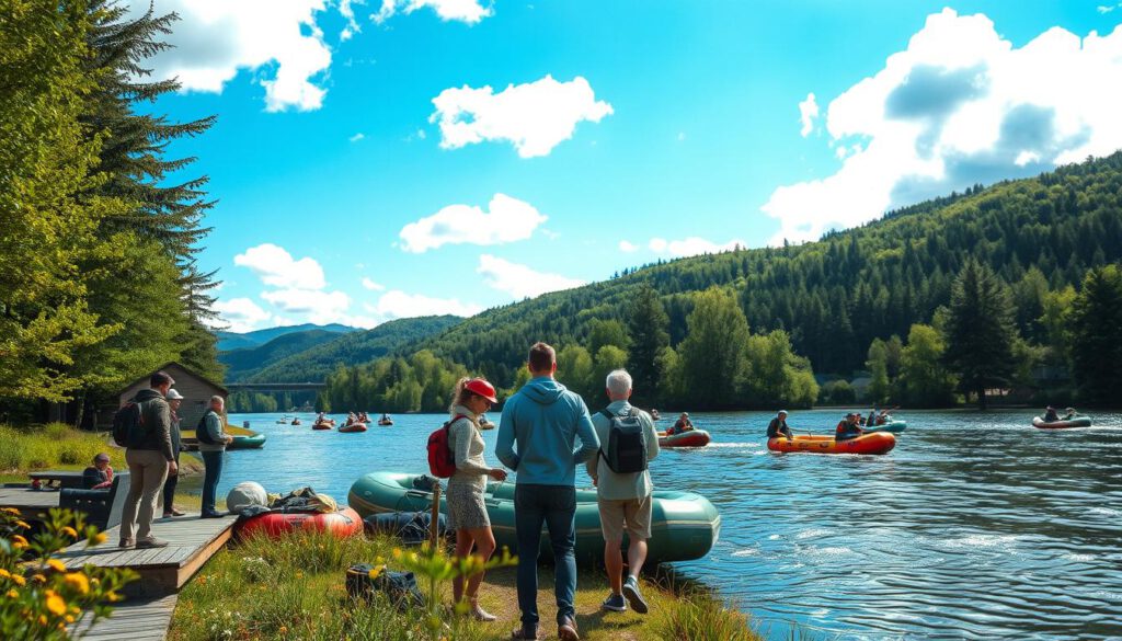 A picturesque setting showcasing the starting points for rafting tours on the Dalälven River in central Sweden. In the foreground, a group of adventurers in modest casual clothing is seen preparing their rafting gear on a wooden dock, surrounded by vibrant green trees and wildflowers. The middle ground features the calm, glistening river, where colorful rafts are already floating, with a gentle current visible. In the background, lush hills rise under a brilliant blue sky, dotted with fluffy white clouds, creating a serene yet adventurous atmosphere. The scene is captured with a Sony A7R IV at 70mm, ensuring sharp focus on the details, enhanced by a polarized filter to highlight the natural colors and textures of this beautiful wilderness. A picturesque setting showcasing the starting points for rafting tours on the Dalälven River in central Sweden. In the foreground, a group of adventurers in modest casual clothing is seen preparing their rafting gear on a wooden dock, surrounded by vibrant green trees and wildflowers. The middle ground features the calm, glistening river, where colorful rafts are already floating, with a gentle current visible. In the background, lush hills rise under a brilliant blue sky, dotted with fluffy white clouds, creating a serene yet adventurous atmosphere. The scene is captured with a Sony A7R IV at 70mm, ensuring sharp focus on the details, enhanced by a polarized filter to highlight the natural colors and textures of this beautiful wilderness.