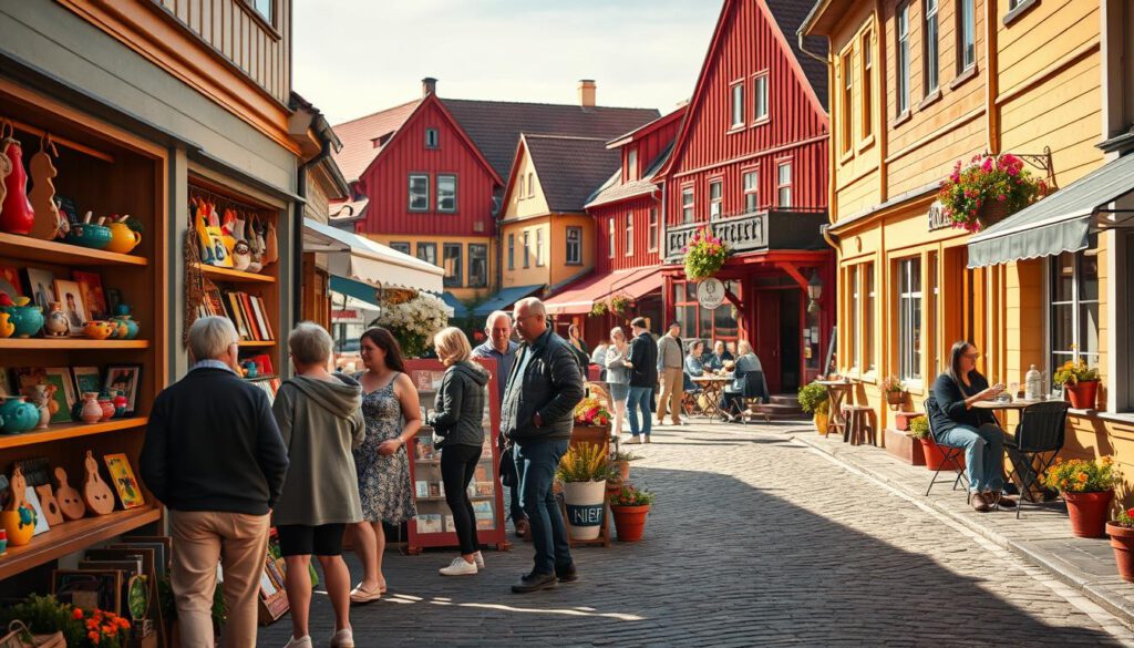 A picturesque street scene in Sigtuna, Sweden, showcasing charming souvenir shops and cozy cafés. In the foreground, a small group of tourists, dressed in casual but modest clothing, browse through colorful handcrafted items displayed on the shelves outside a quaint shop. The middle ground features inviting café terraces with tables adorned with vibrant flower pots, where people enjoy pastries and coffee. In the background, traditional Swedish wooden buildings with red and yellow facades line the cobblestone pathway, under a clear blue sky. The lighting is warm and natural, creating a welcoming atmosphere. Shot on a Sony A7R IV at 70mm with a polarized filter, the image captures details sharply and clearly, highlighting the lively yet serene ambiance of Sigtuna's hidden treasures.